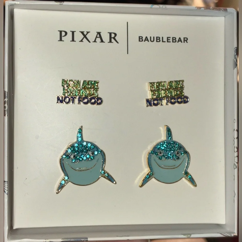 DISNEY PIXAR Finding Nemo Enamel Glitter Shark Fish Two 2 Pair Earrings NEW NWT